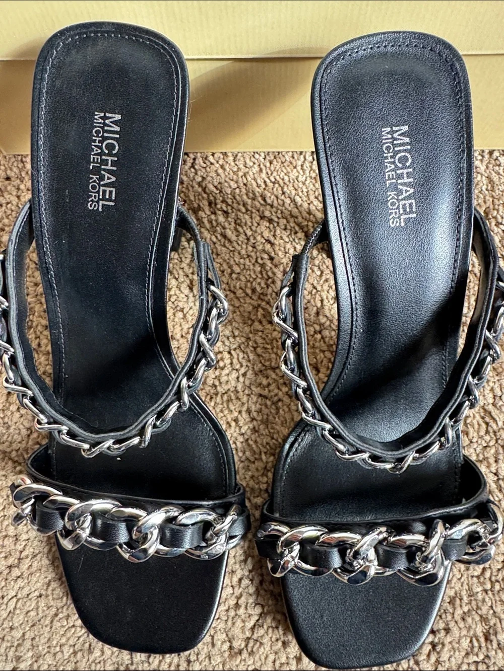 Women size 7 Michael Kors Black Leather Slide Sandals with Silver Chain Detail